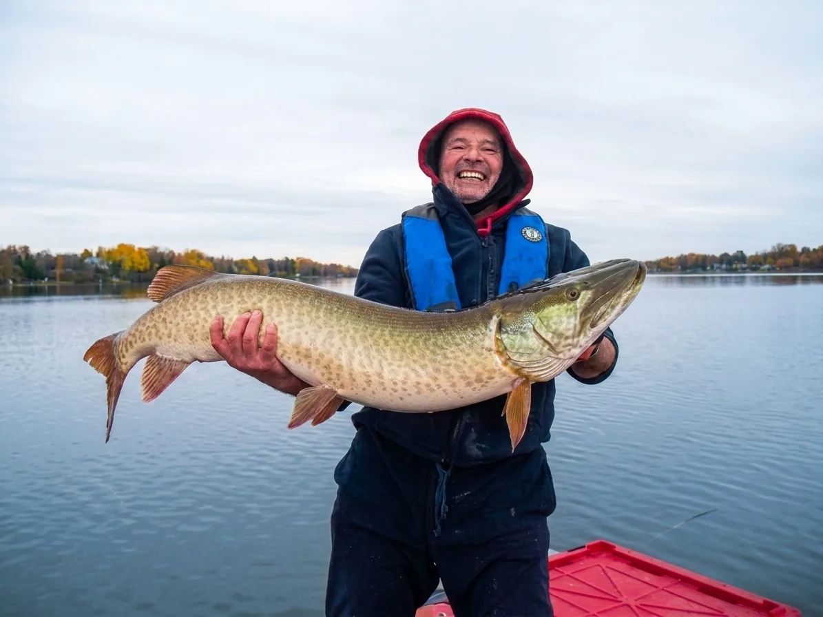 Pêcheur souriant tenant un gros maskinongé en automne sur un lac de l'Estrie